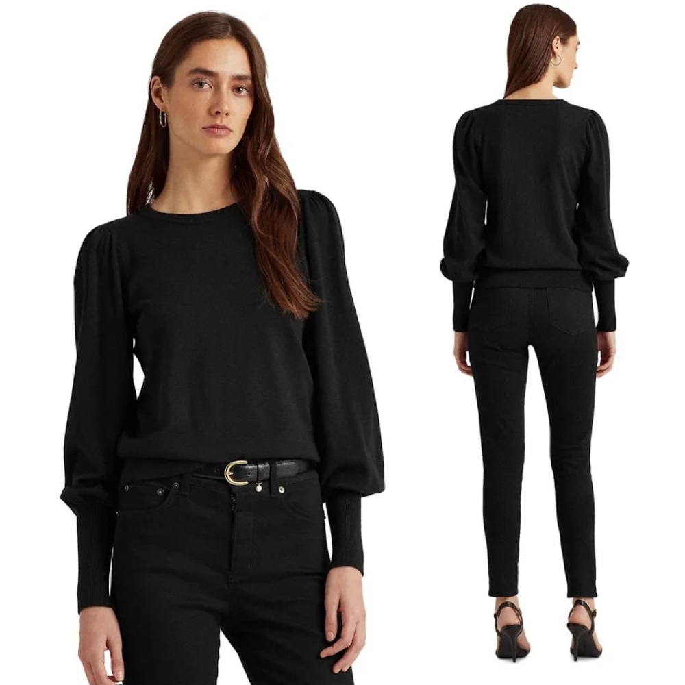 Lauren Ralph Lauren Cotton-Blend Puff-Sleeve Sweater Black NWT $90 Small